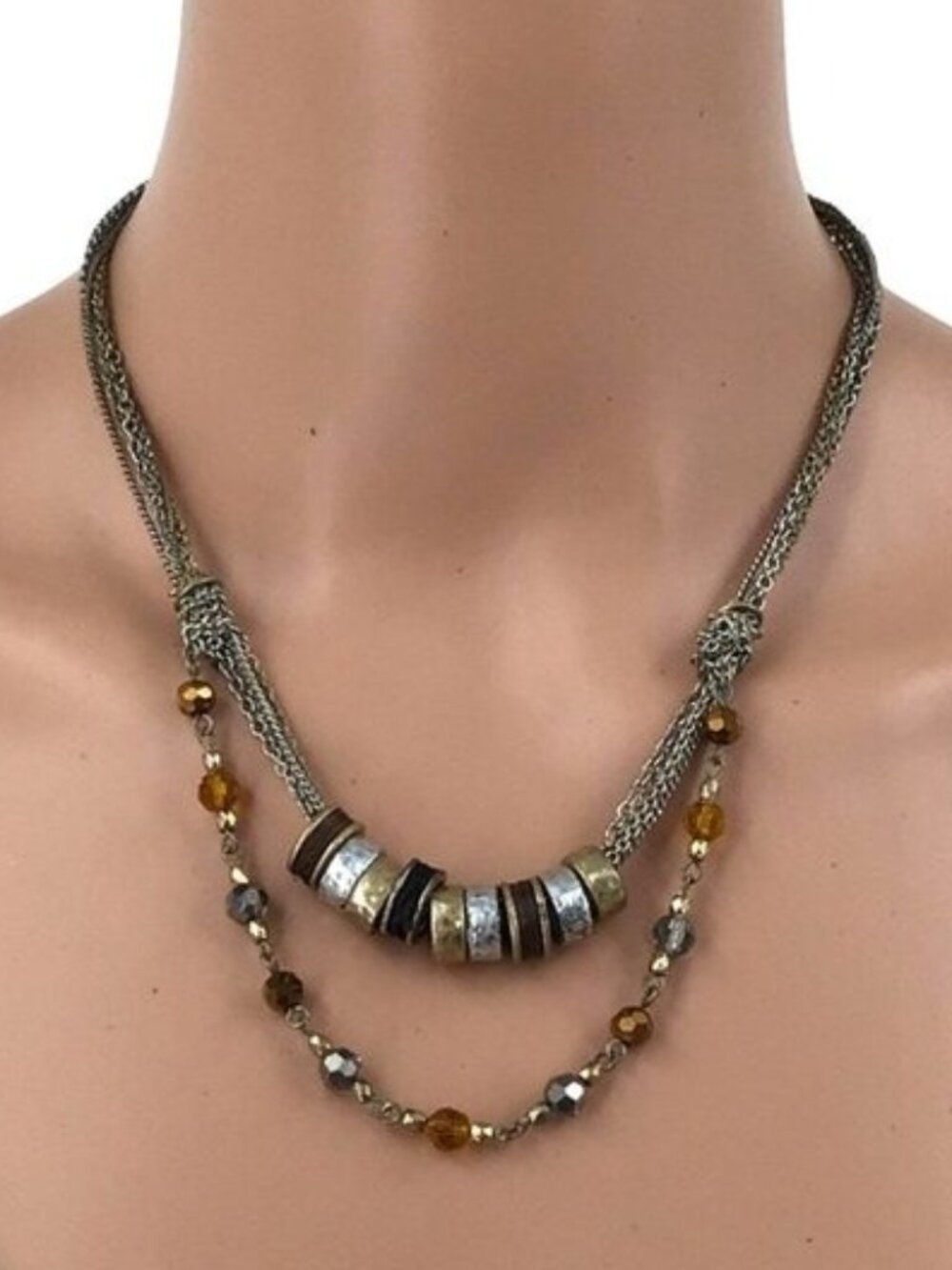 Cookie Lee Necklace Mixed Chain Beads Silver Gold Brown Tones Adjustable Length